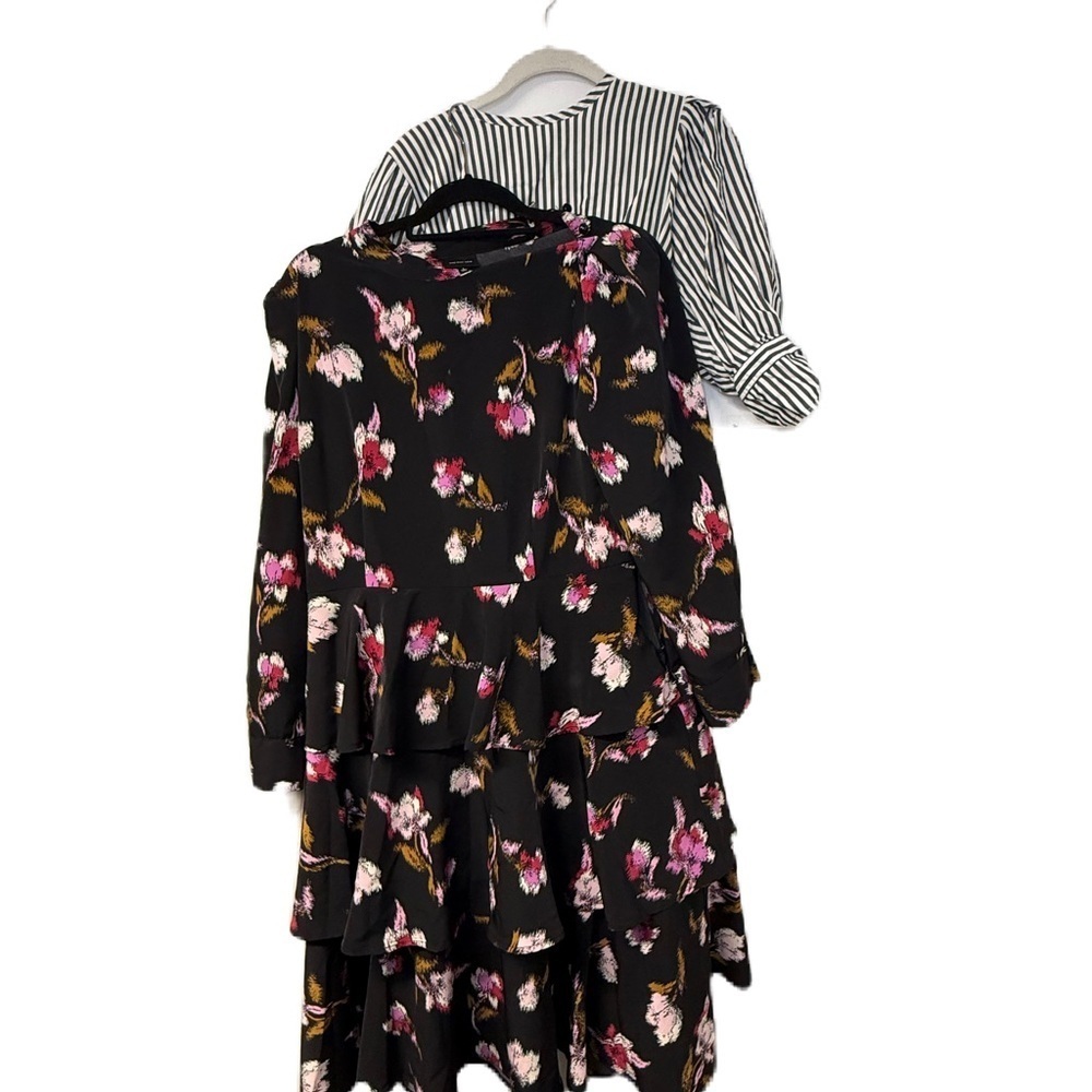 Women’s Chic Black Floral and Gray Striped Dress Bundle M/L midi fit flair aline